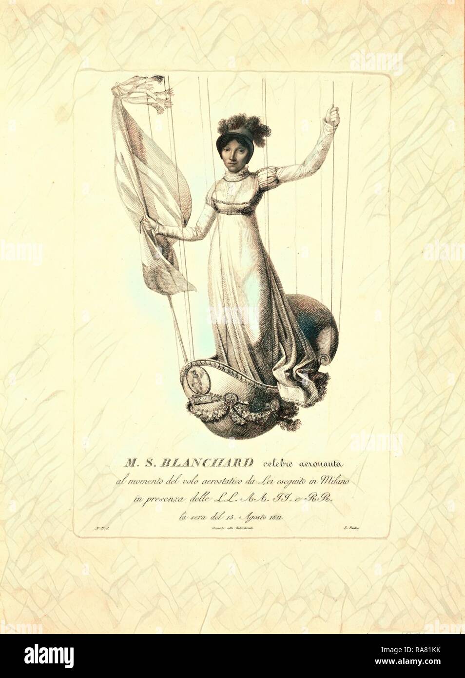 M.S. Blanchard, (Madeleine Sophie Armand) aeronaut francese del XIX secolo incisione. Reinventato da Gibon. Arte Classica reinventato Foto Stock