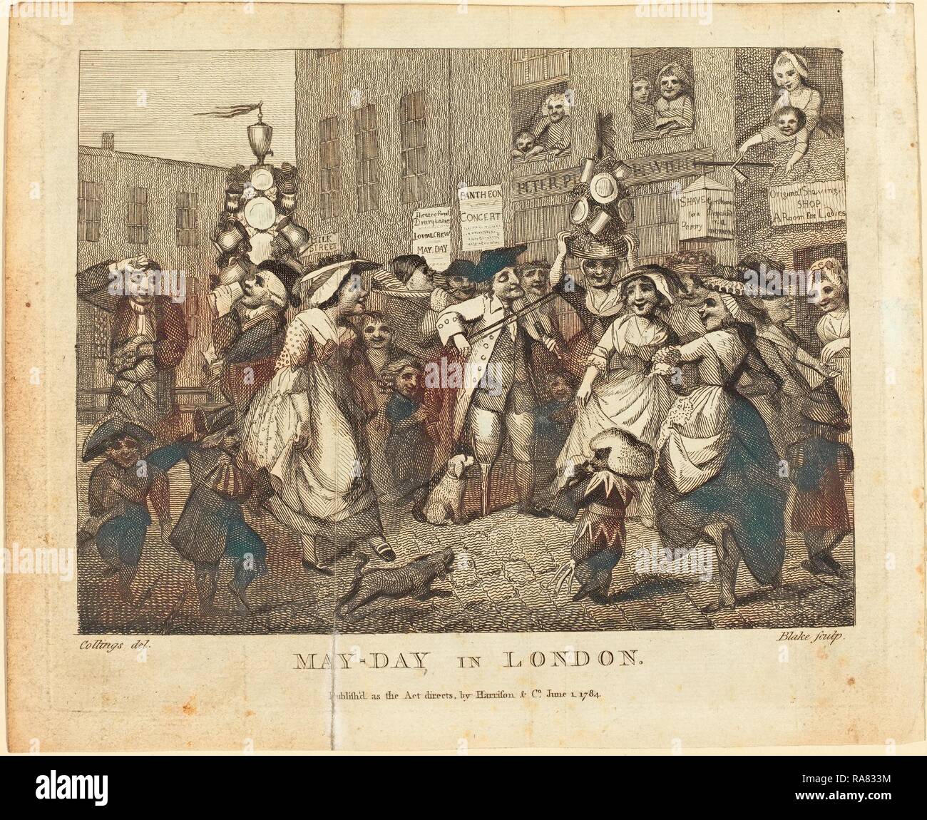 William Blake dopo Samuel Collings (British, 1757 - 1827), May-Day a Londra, 1784, incisione. Reinventato Foto Stock