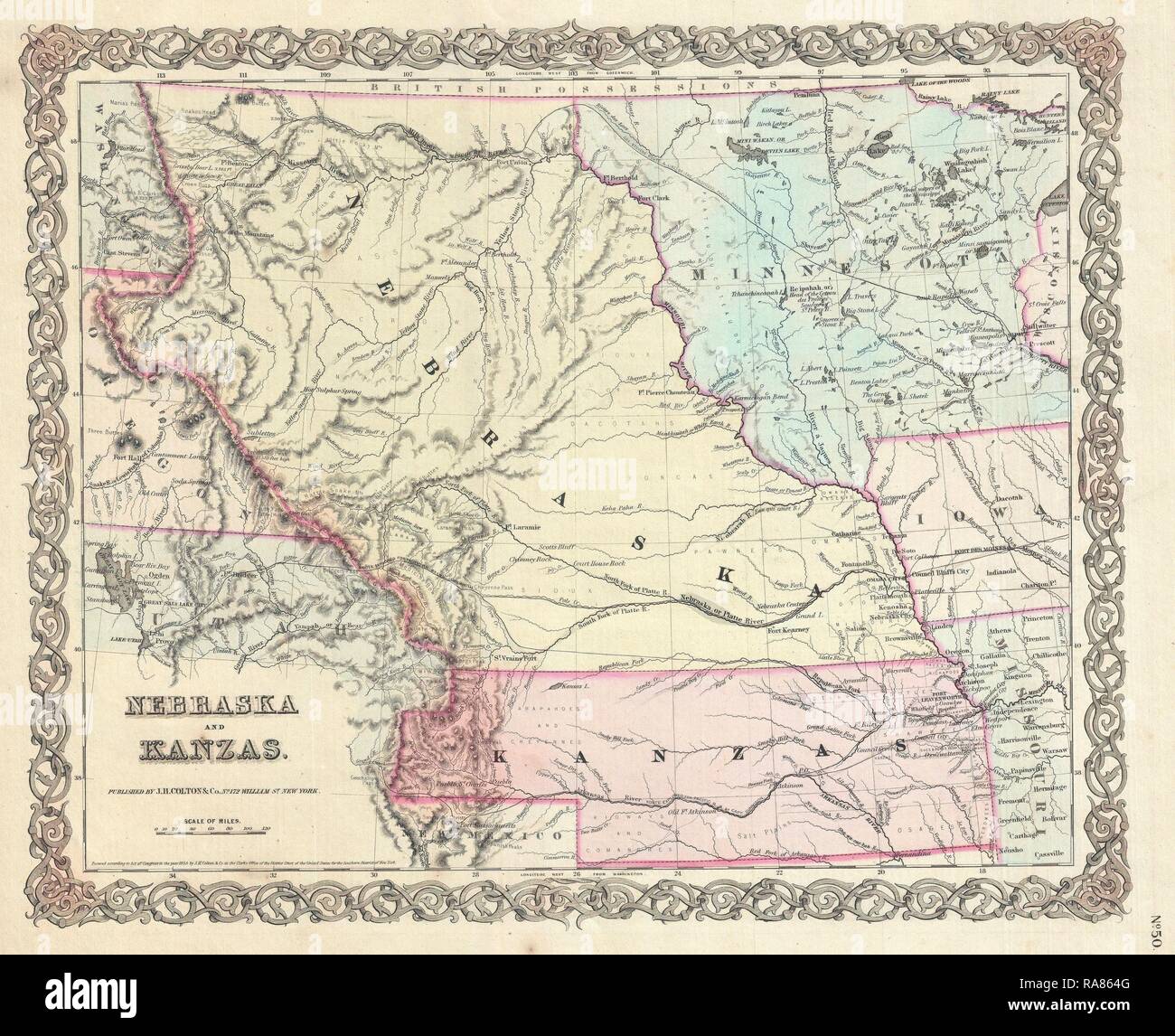 1855, Colton Mappa di Kansas e Nebraska, prima edizione. Reinventato da Gibon. Arte Classica con un tocco di moderno reinventato Foto Stock