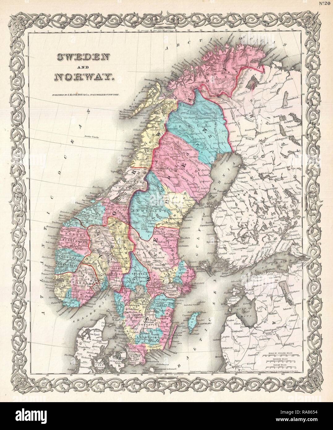 1855, Colton Mappa della Scandinavia, Norvegia, Svezia e Finlandia. Reinventato da Gibon. Arte Classica con un tocco di moderno reinventato Foto Stock