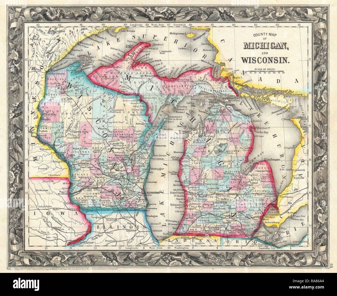 1860, Mitchell Mappa del Michigan e Wisconsin, prima edizione. Reinventato da Gibon. Arte Classica con un tocco di moderno reinventato Foto Stock