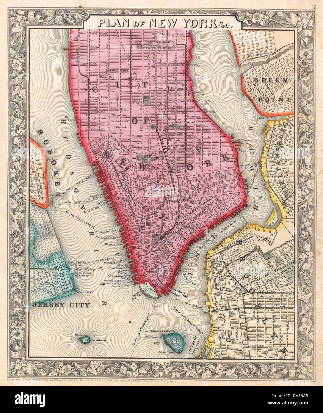 1860, Mitchell Mappa della città di New York, New York, prima edizione. Reinventato da Gibon. Arte Classica con un tocco di moderno reinventato Foto Stock