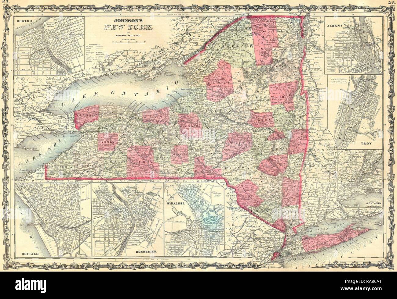 1862, Johnson Mappa dello Stato di New York. Reinventato da Gibon. Arte Classica con un tocco di moderno reinventato Foto Stock