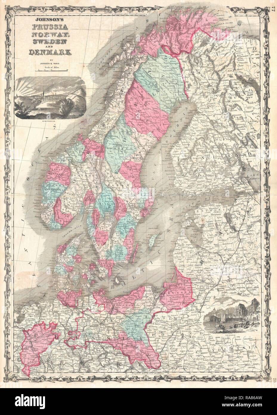 1862, Johnson Mappa della Scandinavia, Norvegia, Svezia, Finlandia e Danimarca. Reinventato da Gibon. Arte Classica con un reinventato Foto Stock