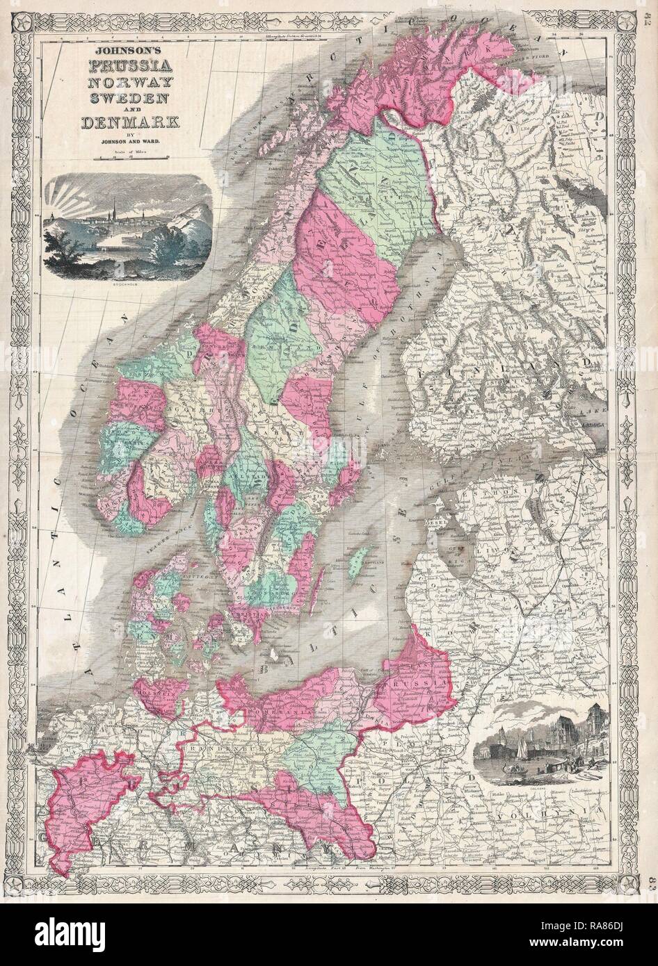 1864, Johnson Mappa della Scandinavia, Norvegia, Svezia, Danimarca, la Prussia. Reinventato da Gibon. Arte Classica con un moderno reinventato Foto Stock