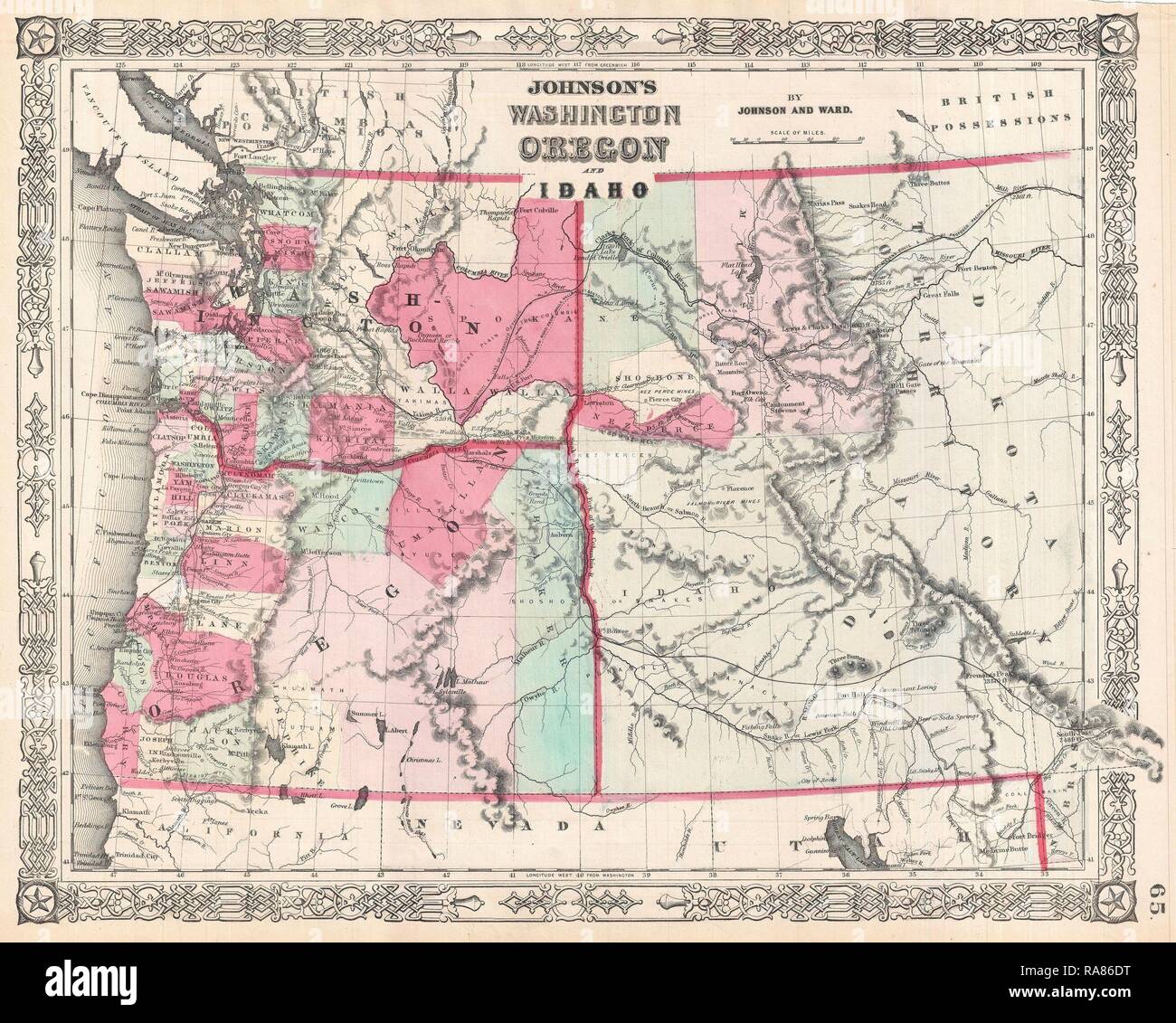 1864, Johnson Mappa di Washington, Oregon e Idaho. Reinventato da Gibon. Arte Classica con un tocco di moderno reinventato Foto Stock