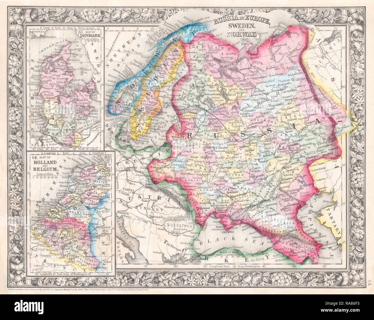 1864, Mitchell Mappa di Russia, Scandinavia, Danimarca, Olanda e Belgio. Reinventato da Gibon. Arte Classica con un reinventato Foto Stock