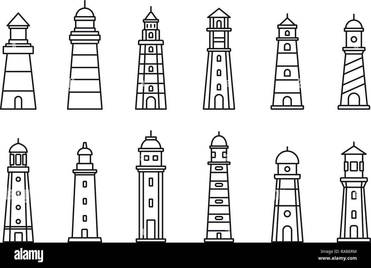 Faro di mare icona set. Set di contorno di mare faro icone vettoriali per il web design isolato su sfondo bianco Illustrazione Vettoriale