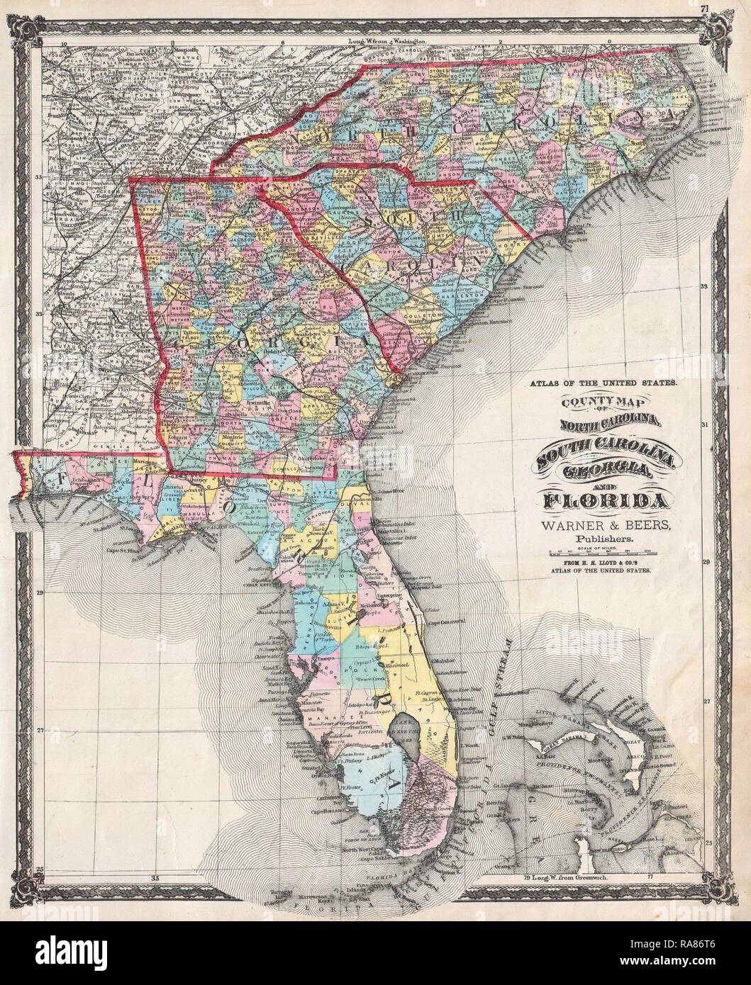 1874, birre Mappa della Florida, Georgia, Carolina del Nord e del Sud Carolina. Reinventato da Gibon. Arte Classica con un reinventato Foto Stock