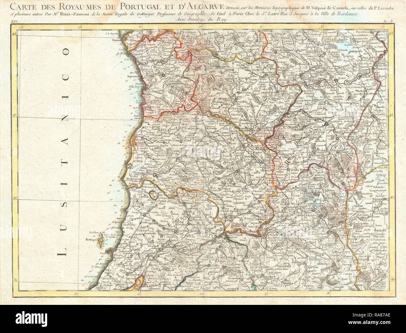 1775, Rizzi-Zannoni mappa Portogallo settentrionale, Oporto. Reinventato da Gibon. Arte Classica con un tocco di moderno reinventato Foto Stock