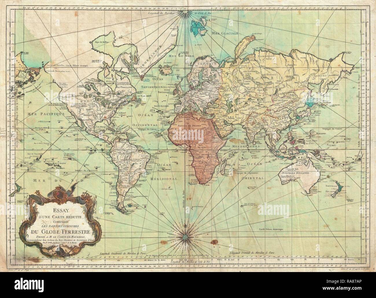 1778, Bellin una carta nautica o una mappa del mondo. Reinventato da Gibon. Arte Classica con un tocco di moderno reinventato Foto Stock