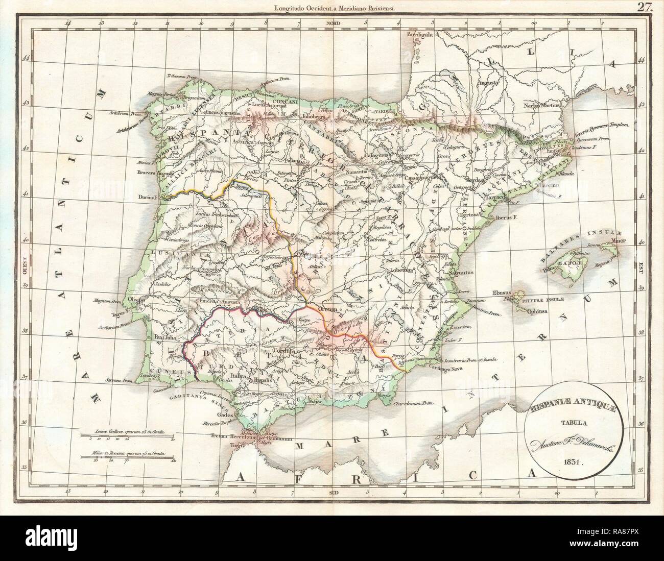 1832, Delamarche Mappa della Spagna e del Portogallo sotto l'impero romano. Reinventato da Gibon. Arte Classica con un moderno reinventato Foto Stock