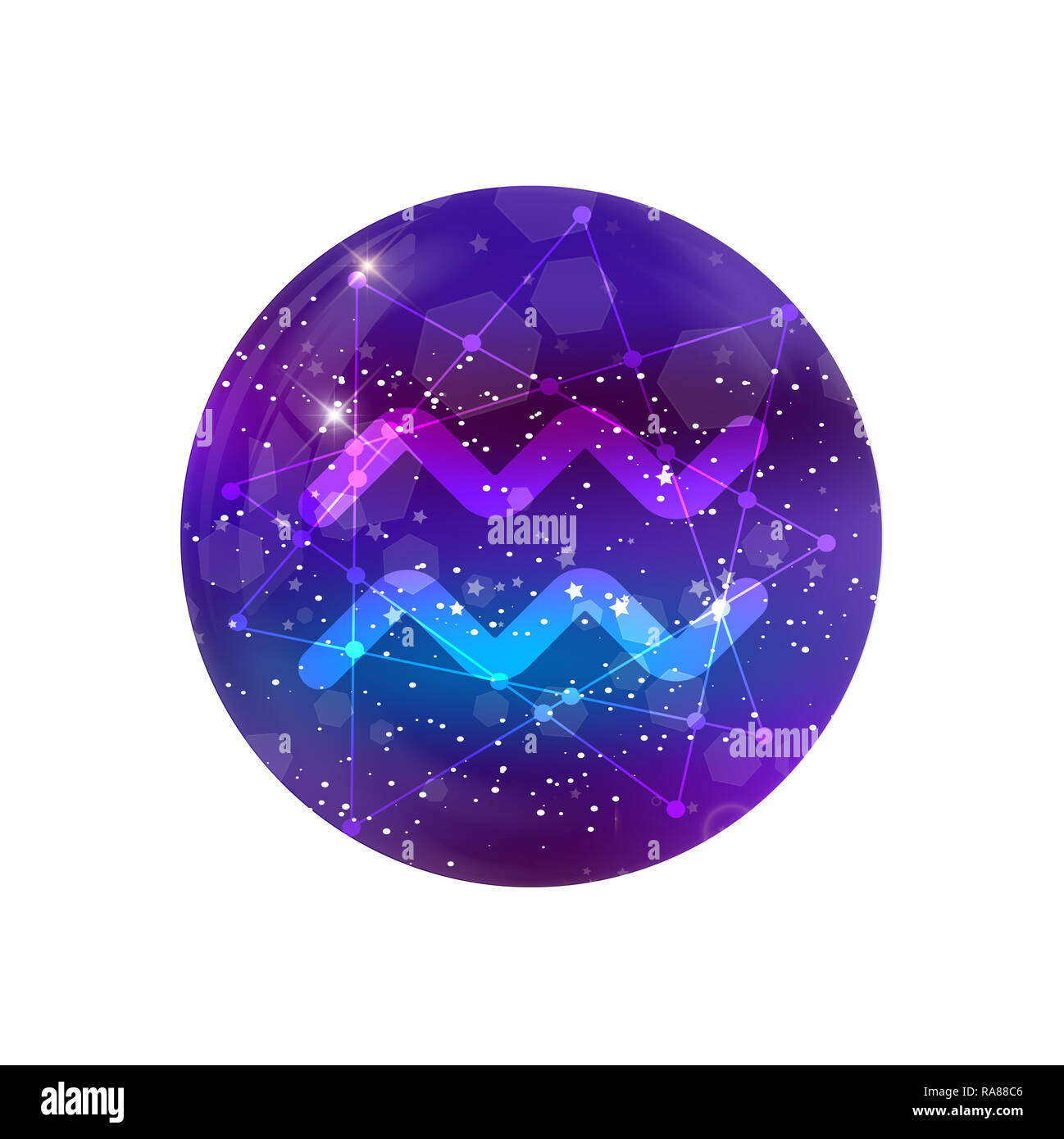 Aquarius segno zodiacale e costellazione sul cosmica cielo viola con stelle luccicanti e nebula isolati su sfondo bianco neon icona del design, il pulsante WEB Foto Stock