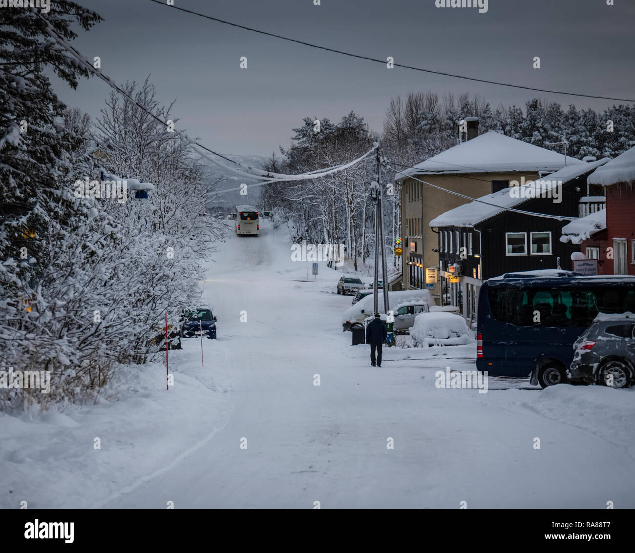 Neve pesante caduta a Finnsnes, Norvegia. Foto Stock