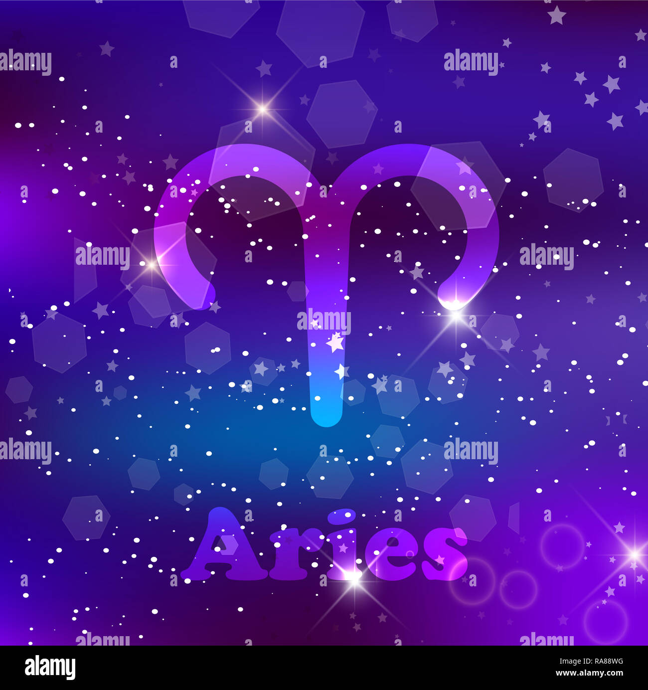 Ariete segno zodiacale e costellazione sul cosmica sfondo viola con stelle luccicanti e nebulosa. illustrazione, banner, poster, scheda RAM. Spazio, astr Foto Stock