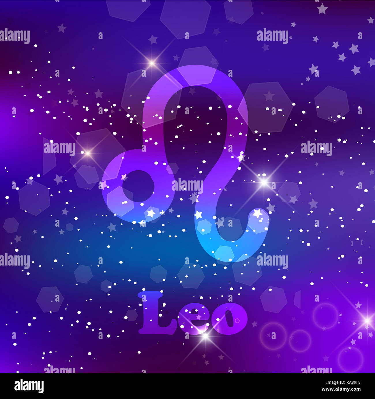 Lion segno zodiacale e costellazione sul cosmica sfondo viola con stelle luccicanti e nebulosa. illustrazione, banner, poster, Leo card. Spazio, astro Foto Stock