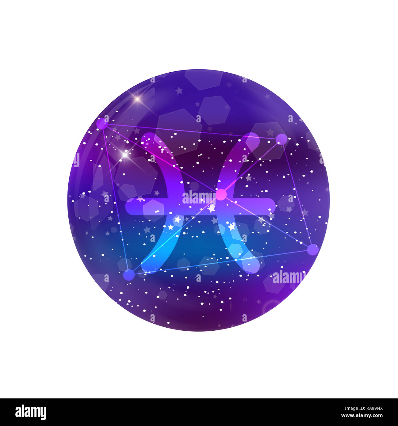 Pesci segno zodiacale e costellazione sul cosmica cielo viola con stelle luccicanti e nebula isolati su sfondo bianco. icona al neon, pulsante WEB, clip Foto Stock