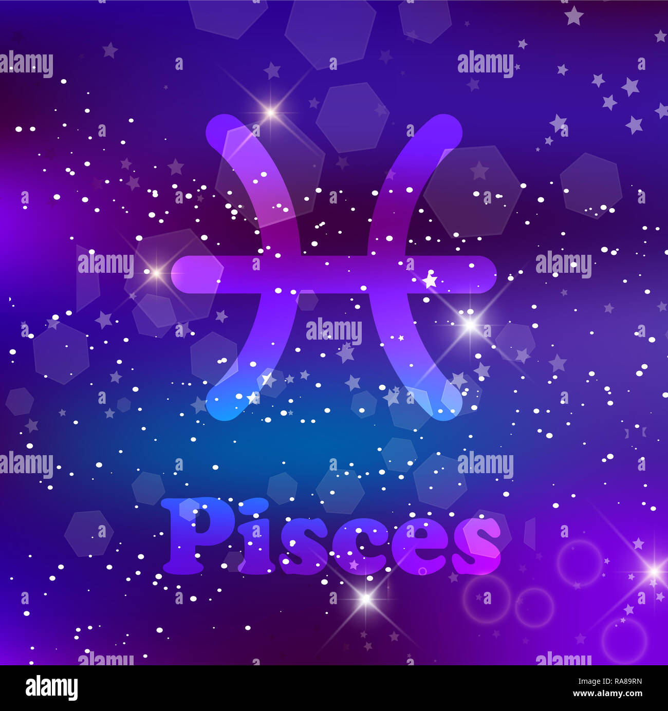 Pesci segno zodiacale e costellazione sul cosmica sfondo viola con stelle luccicanti e nebulosa. illustrazione, banner, poster, pesce card. Spazio, come Foto Stock