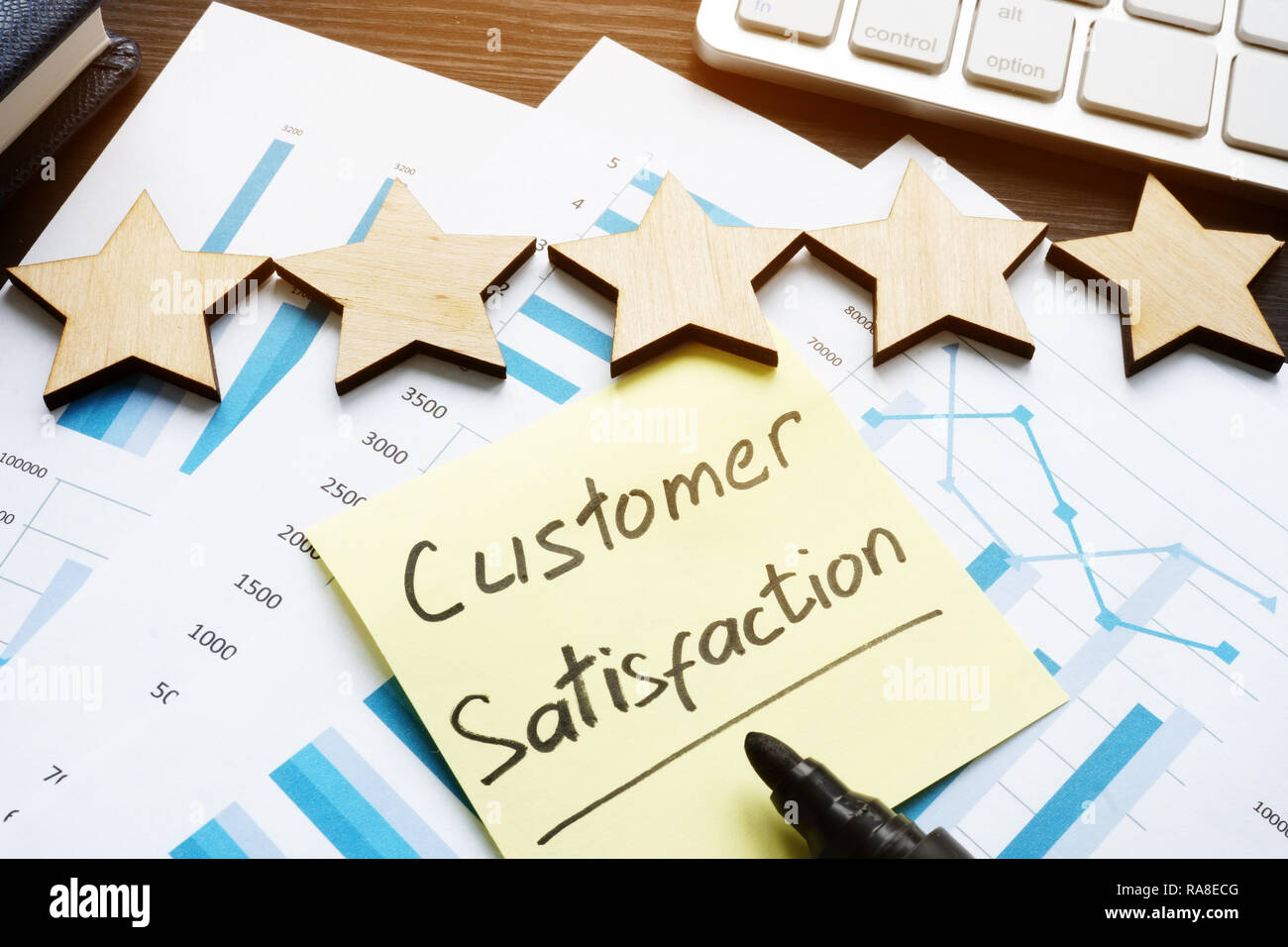 Cinque stelle e la soddisfazione del cliente. Documenti su una scrivania. Foto Stock