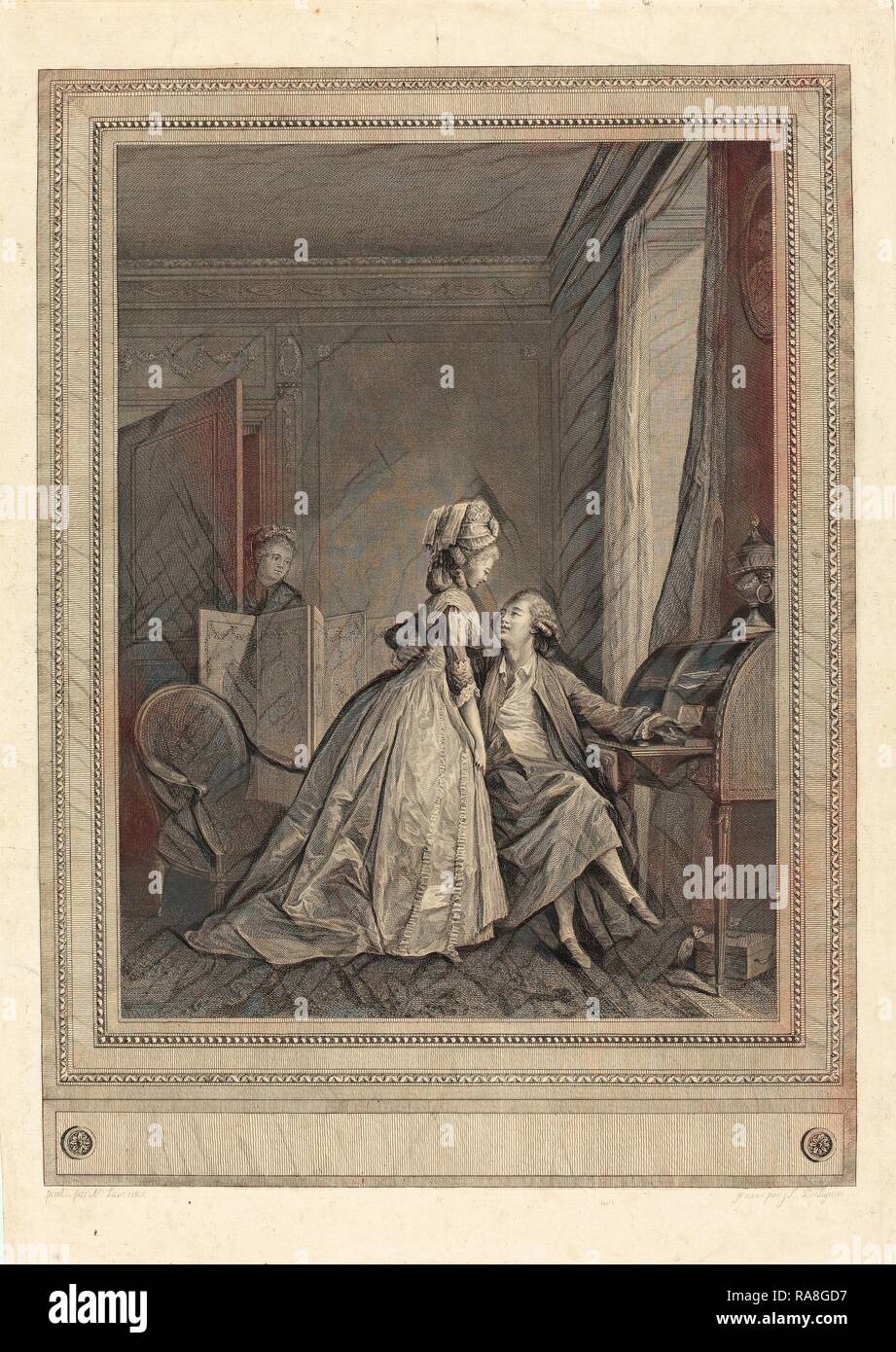 Jean-Louis Delignon dopo Nicolas Lavreince (francese, 1755 - c. 1804), Les offres seduisantes, 1782, incisione e reinventato Foto Stock