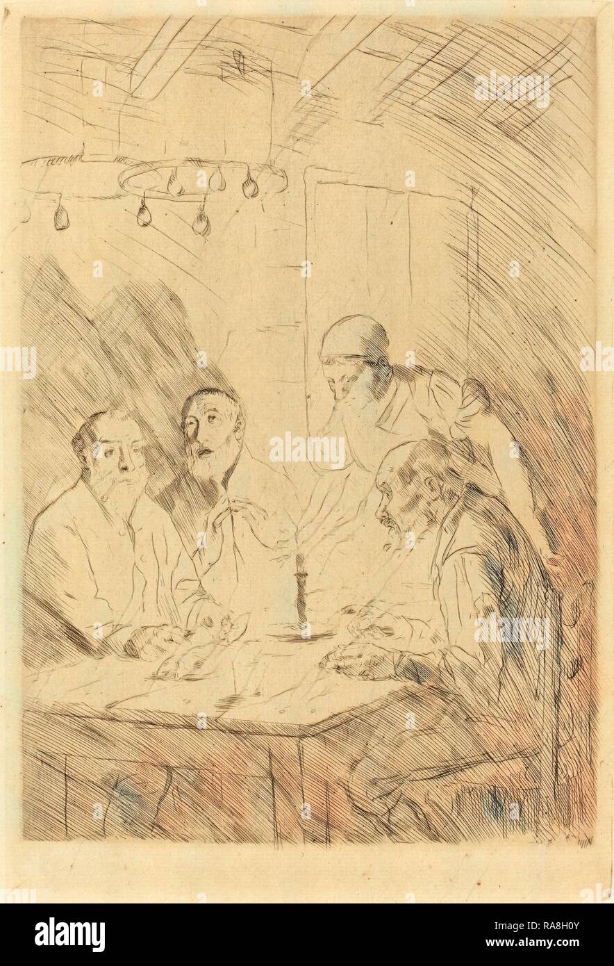 Alphonse Legros, cena dei poveri (Le souper chez misere), francese, 1837 - 1911, incisione e puntasecca su carta verde reinventato Foto Stock