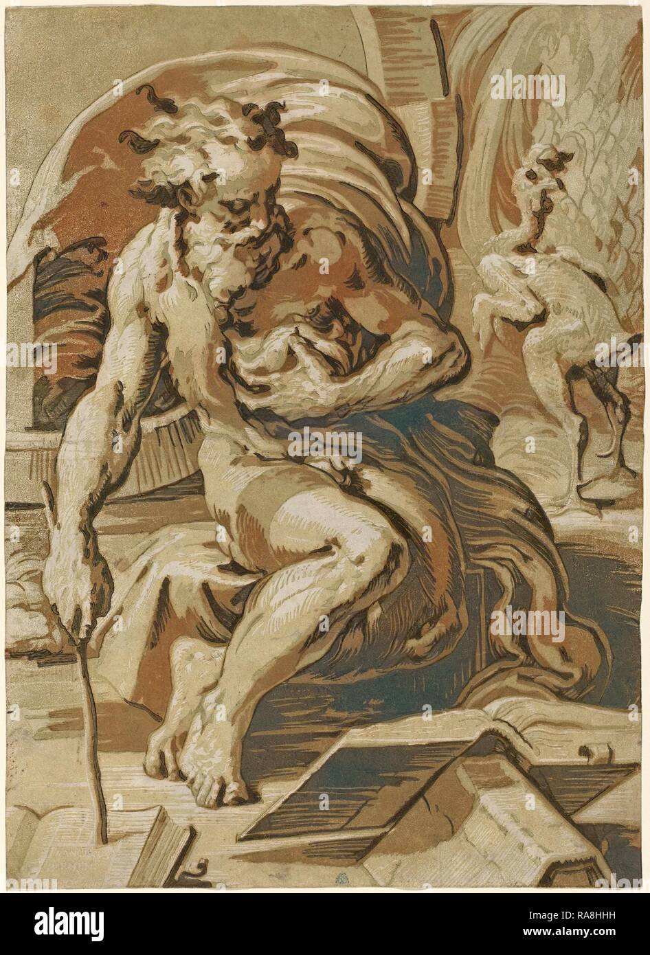 Ugo da Carpi dopo Parmigianino (Italiano, c. 1480 - 1532), Diogene c. 1527, incisione a legno in chiaroscuro stampato da 4 reinventato Foto Stock