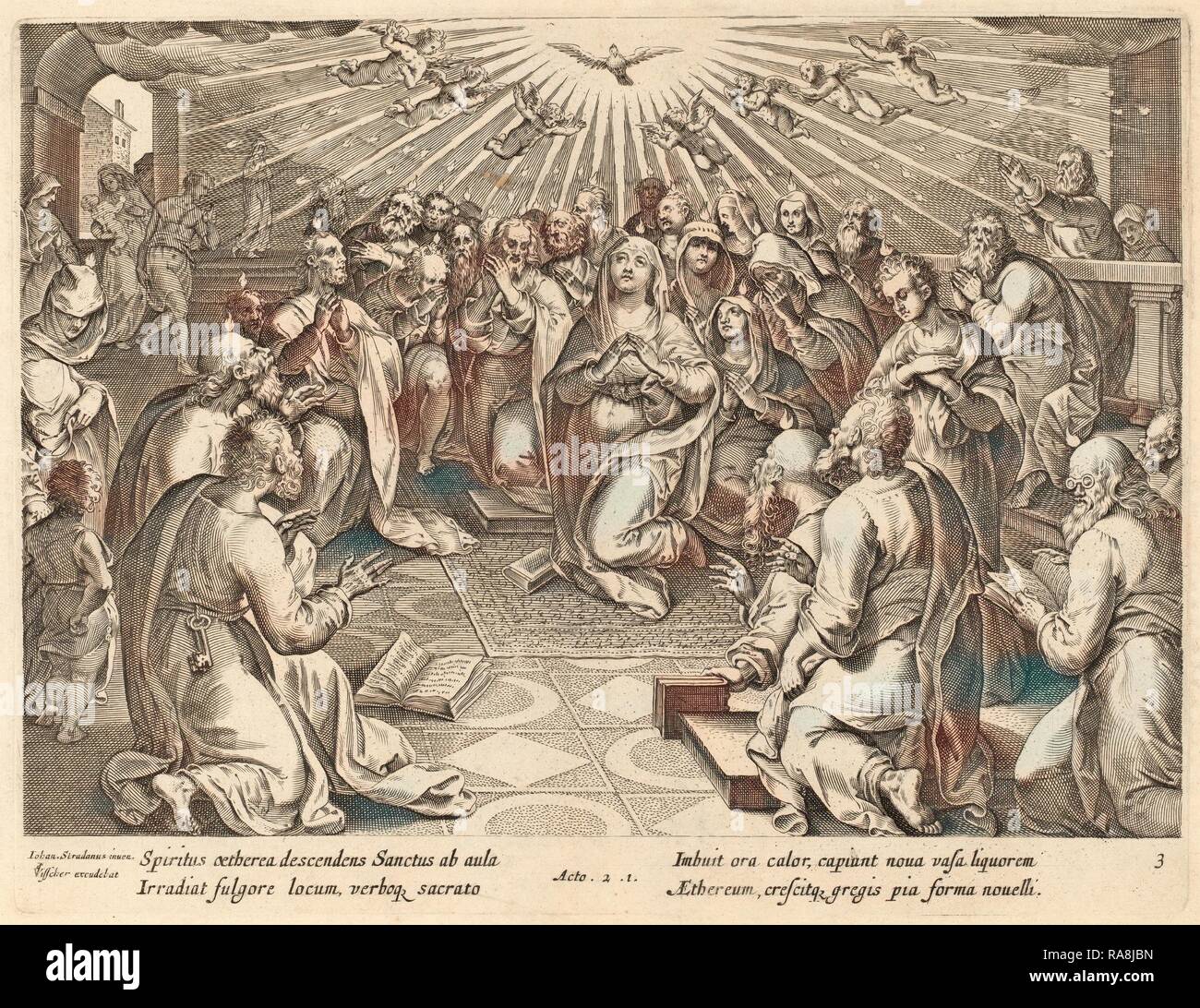 Philip Galle dopo Jan van der Straet (fiammingo, 1537 - 1612), la Pentecoste, incisione. Reinventato da Gibon. Arte Classica reinventato Foto Stock