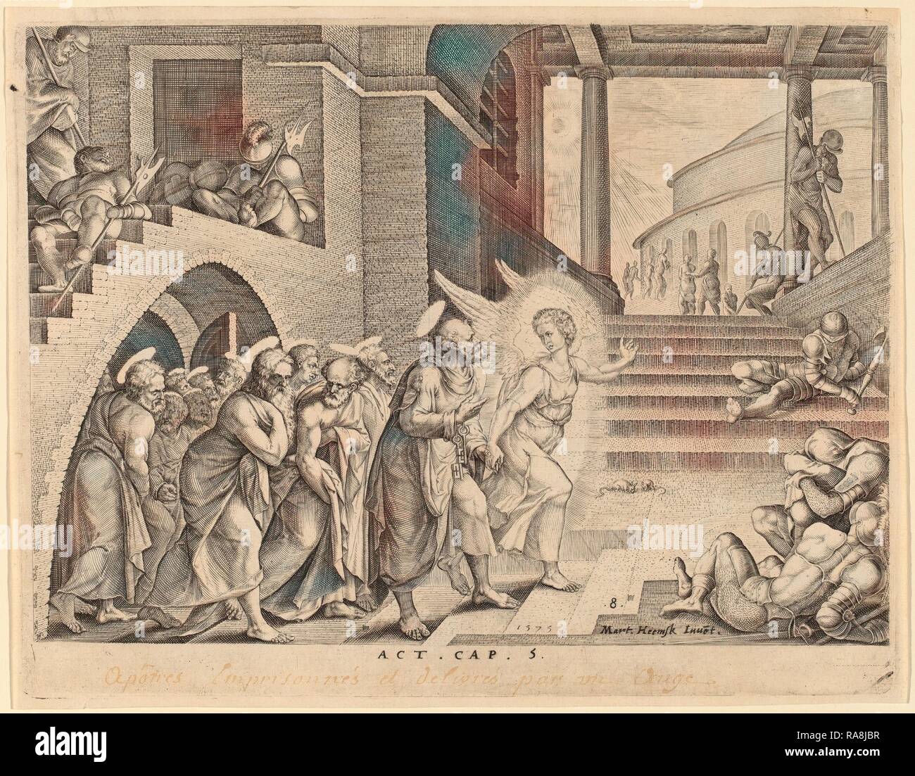 Philip Galle dopo Maerten van Heemskerck (fiammingo, 1537 - 1612), gli Apostoli consegnati dal carcere da un angelo reinventato Foto Stock