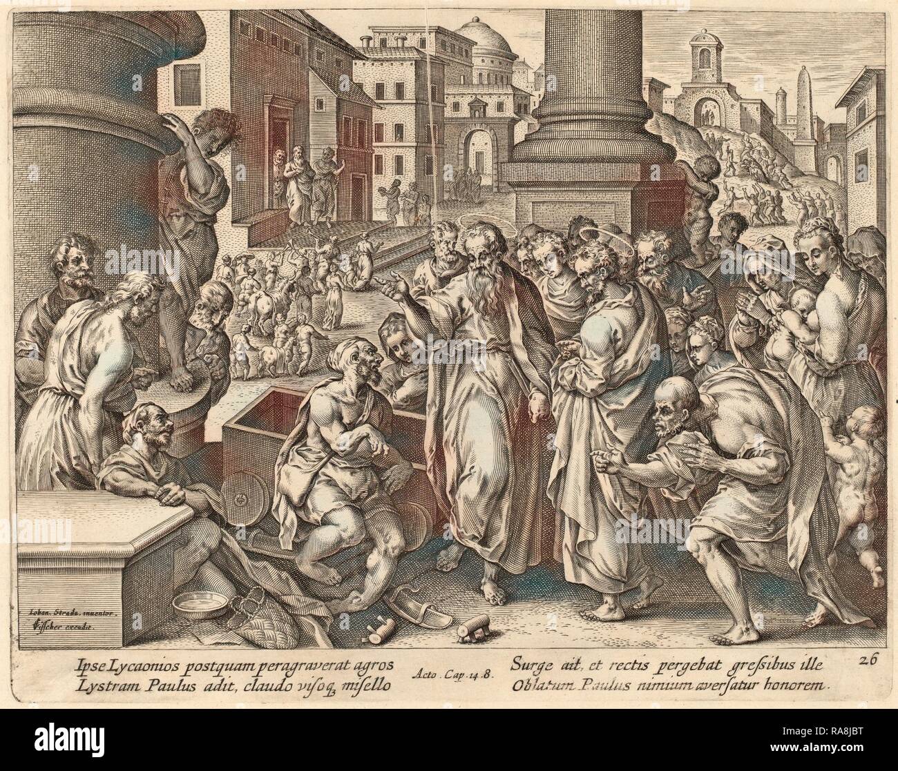 Philip Galle dopo Jan van der Straet (fiammingo, 1537 - 1612), San Paolo guarisce il zoppo a Listra, incisione reinventato Foto Stock