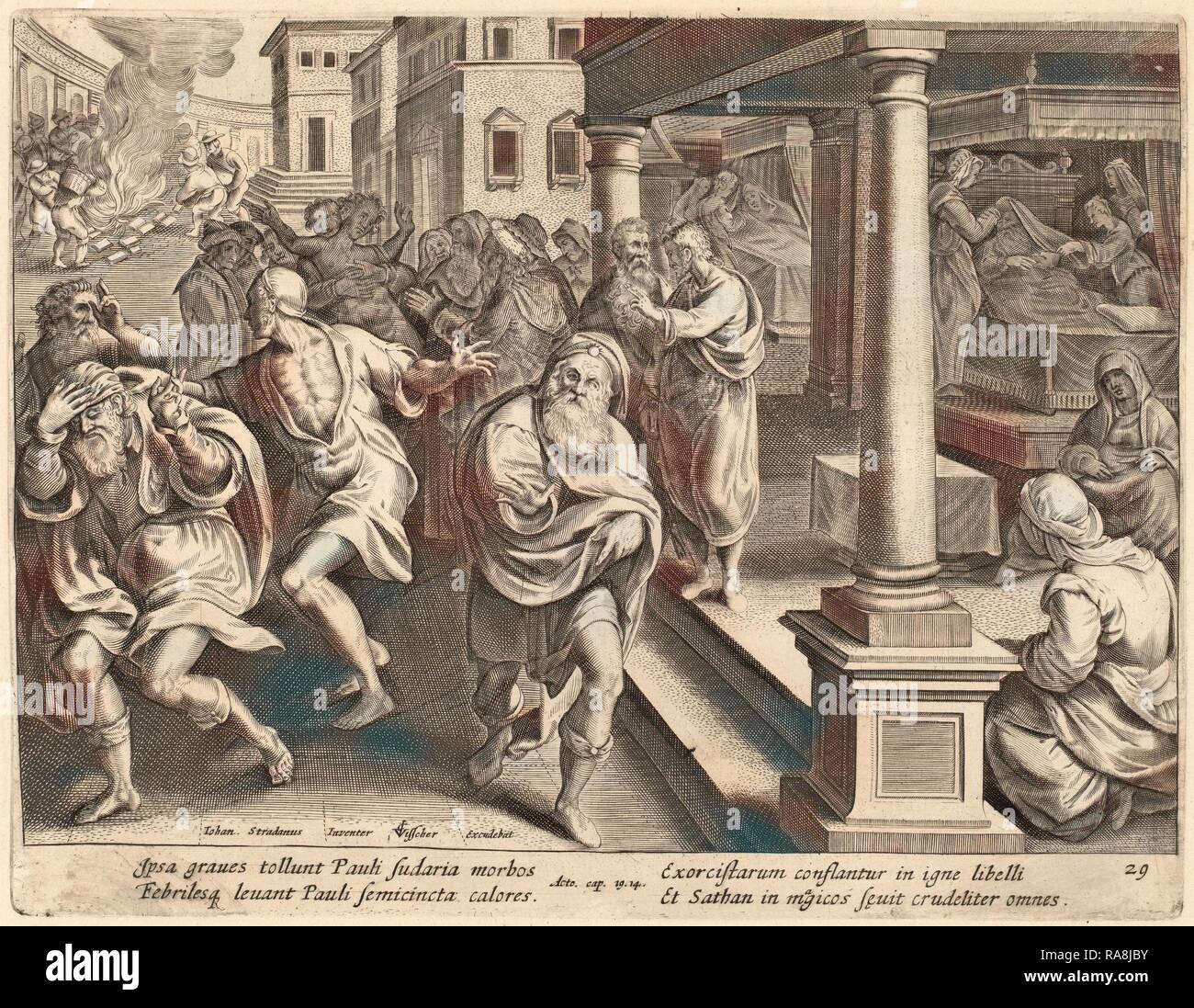 Philip Galle dopo Jan van der Straet (fiammingo, 1537 - 1612), San Paolo guida fuori gli spiriti malvagi, incisione reinventato Foto Stock