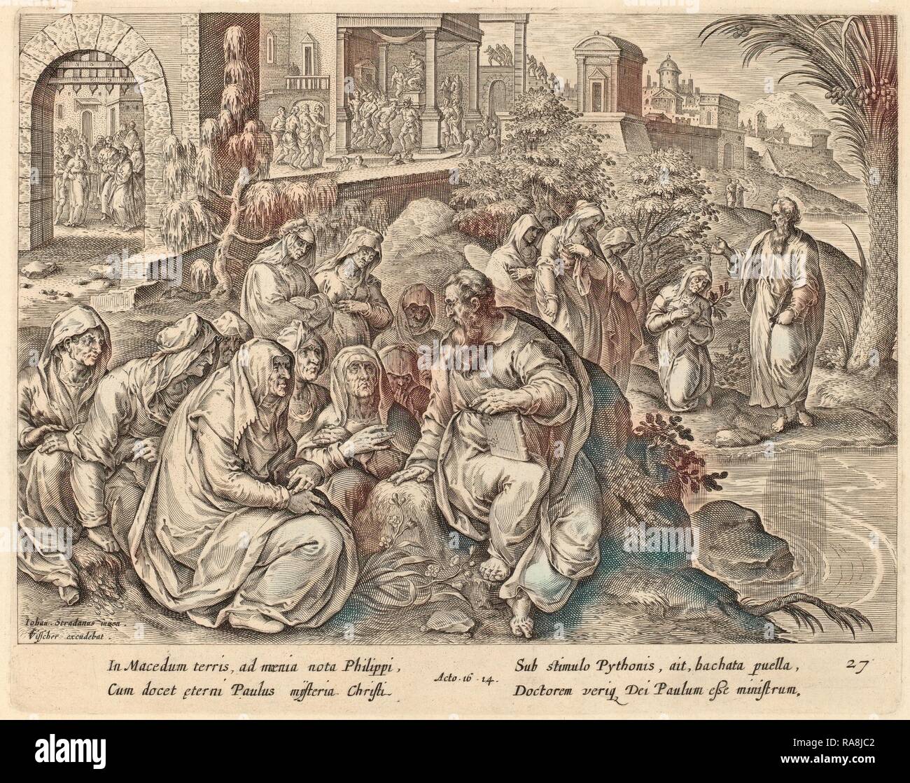 Philip Galle dopo Jan van der Straet (fiammingo, 1537 - 1612), San Paolo parla alle donne di Filippi da un fiume reinventato Foto Stock