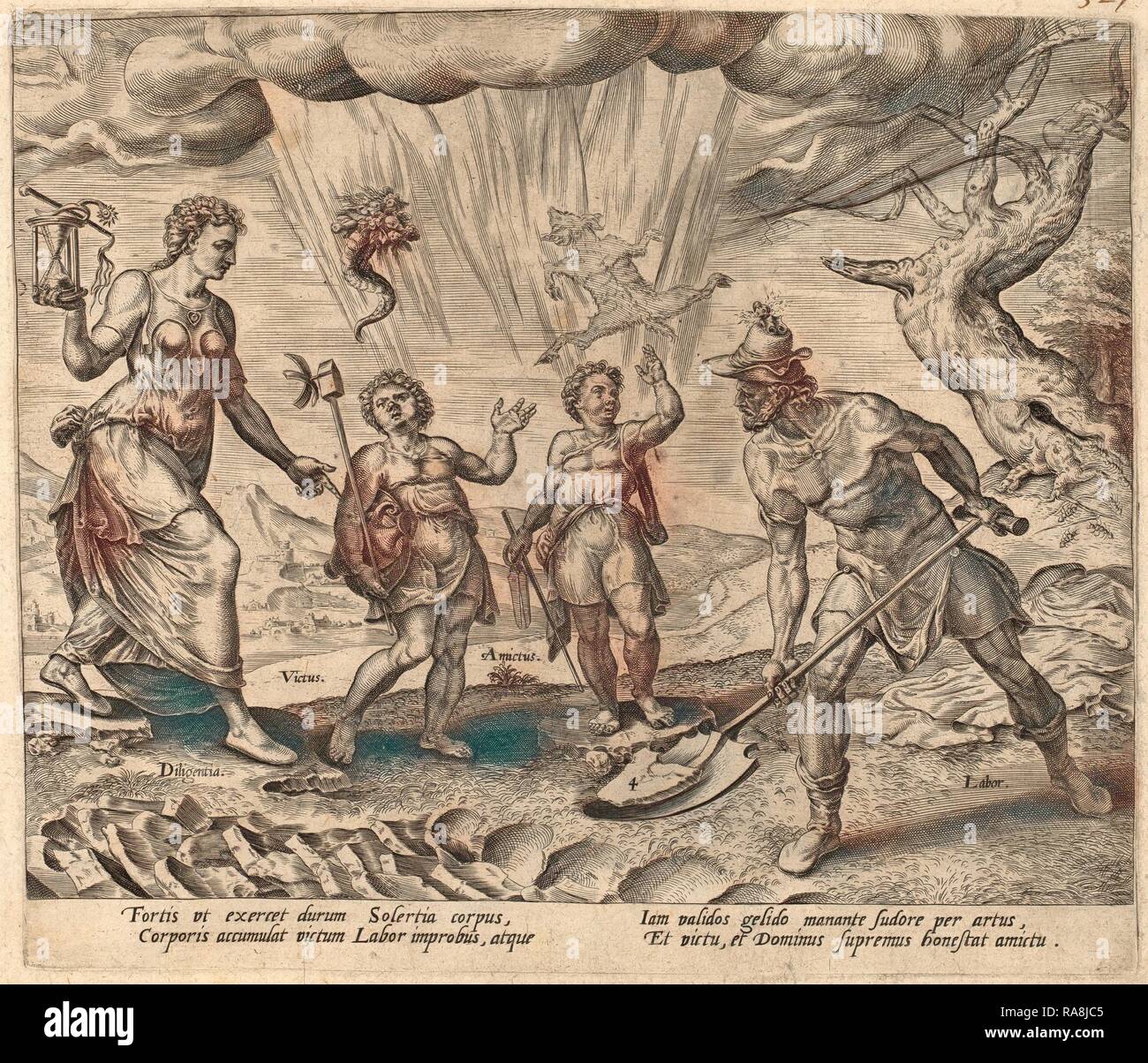 Philip Galle dopo Maerten van Heemskerck (fiammingo, 1537 - 1612), il Signore dotando il lavoratore diligente con cibo e reinventato Foto Stock