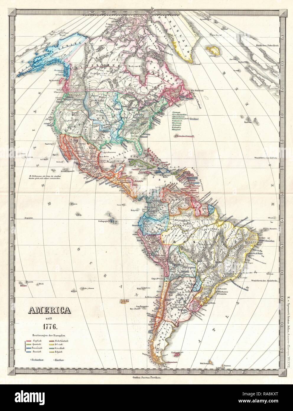 1855 Spruner mappa delle Americhe dal 1776. Reinventato da Gibon. Arte Classica con un tocco di moderno reinventato Foto Stock