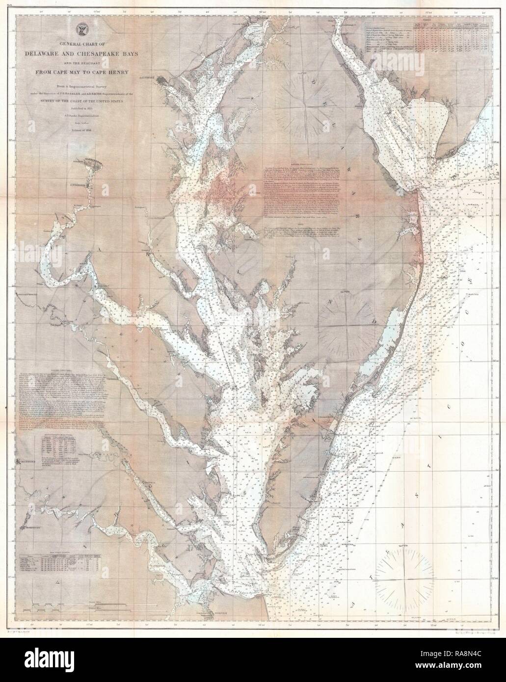 1866, U.S. Sondaggio sulla costa Mappa della baia di Chesapeake e baia del Delaware. Reinventato da Gibon. Arte Classica con un moderno reinventato Foto Stock