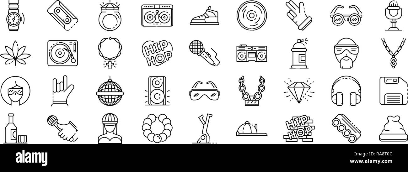 Hiphop il set di icone di stile di contorno Illustrazione Vettoriale
