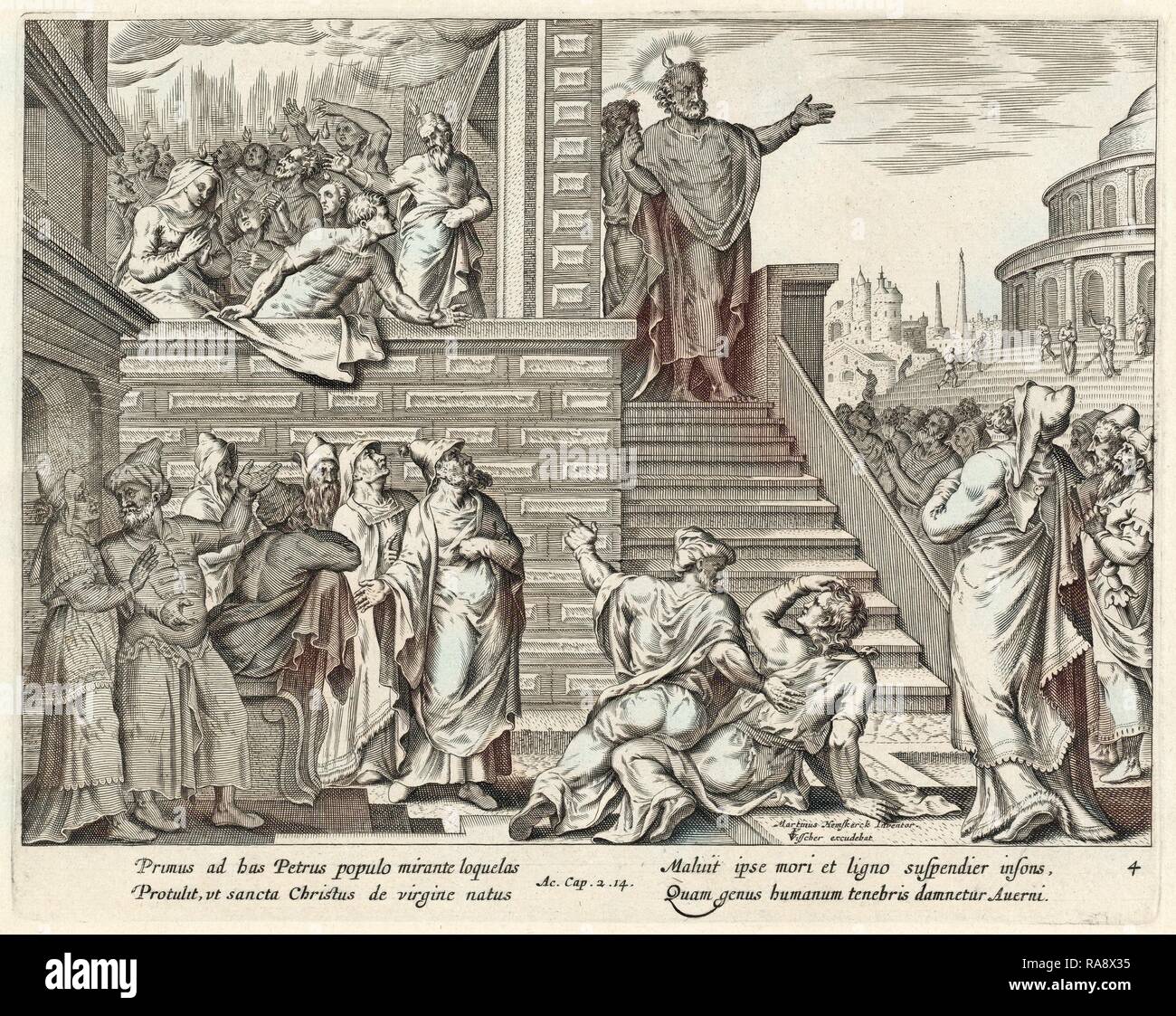 Philip Galle dopo Maerten van Heemskerck, San Pietro parla al popolo su Cristo, fiammingo, 1537 - 1612 reinventato Foto Stock