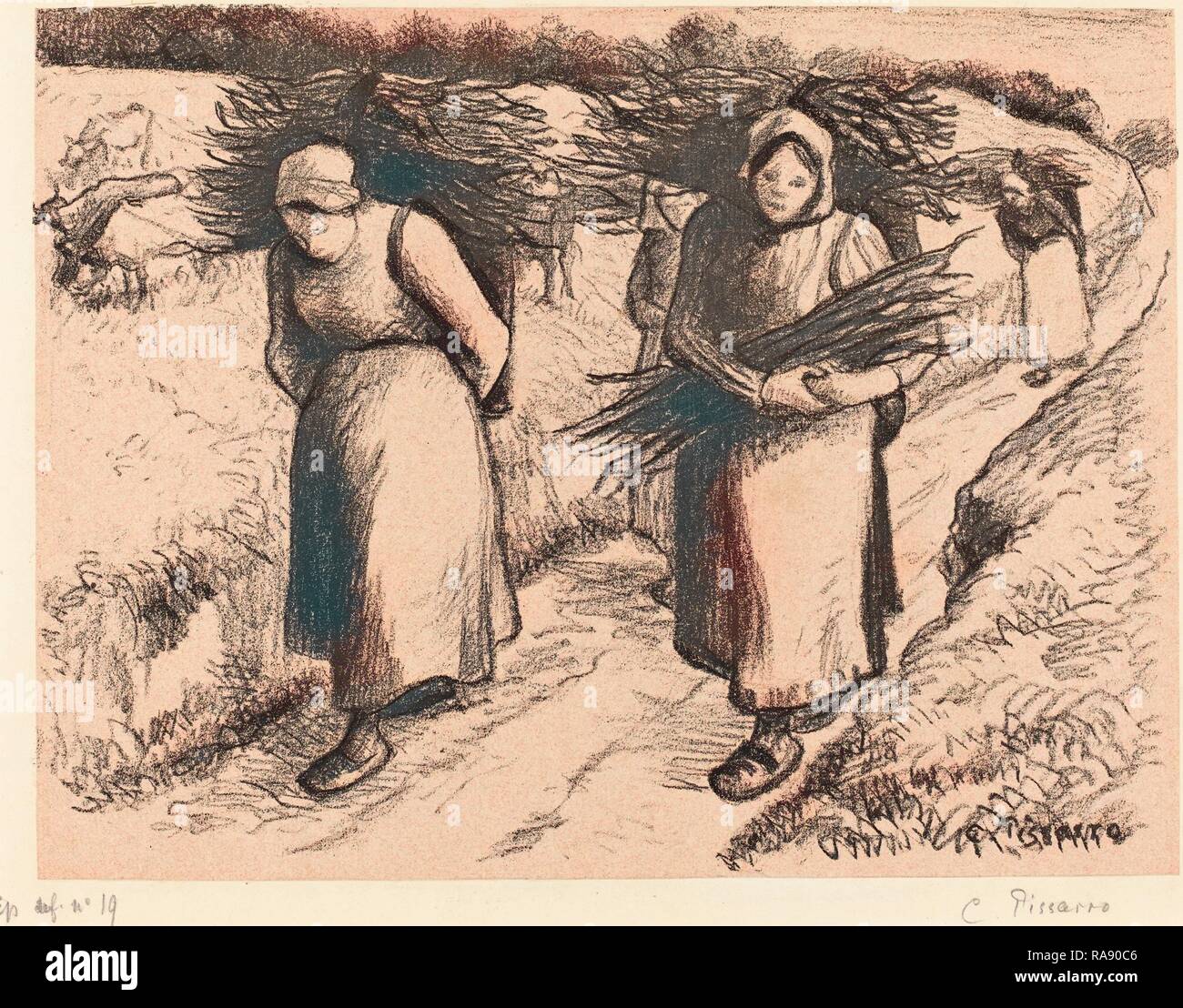 Camille Pissarro (francese, 1830 - 1903), di contadini che trasportano bastoni (Paysannes portant des fagots), 1896, litografia sul reinventato Foto Stock