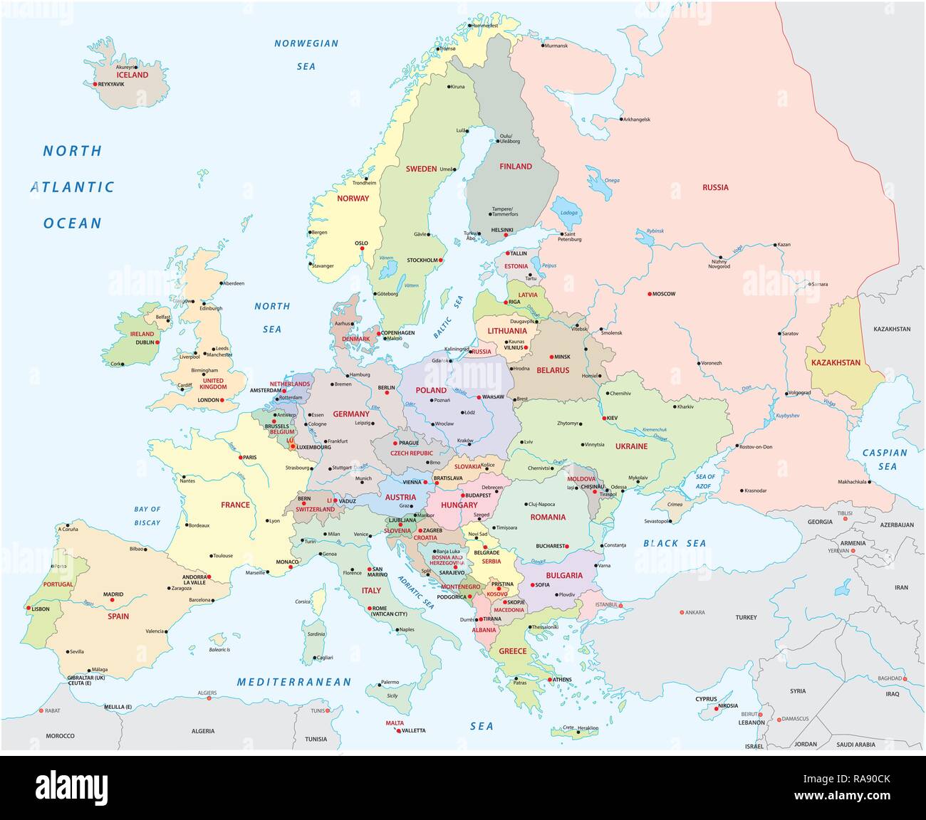 Dettagliata europa colorata mappa con tutti gli elementi importanti Illustrazione Vettoriale