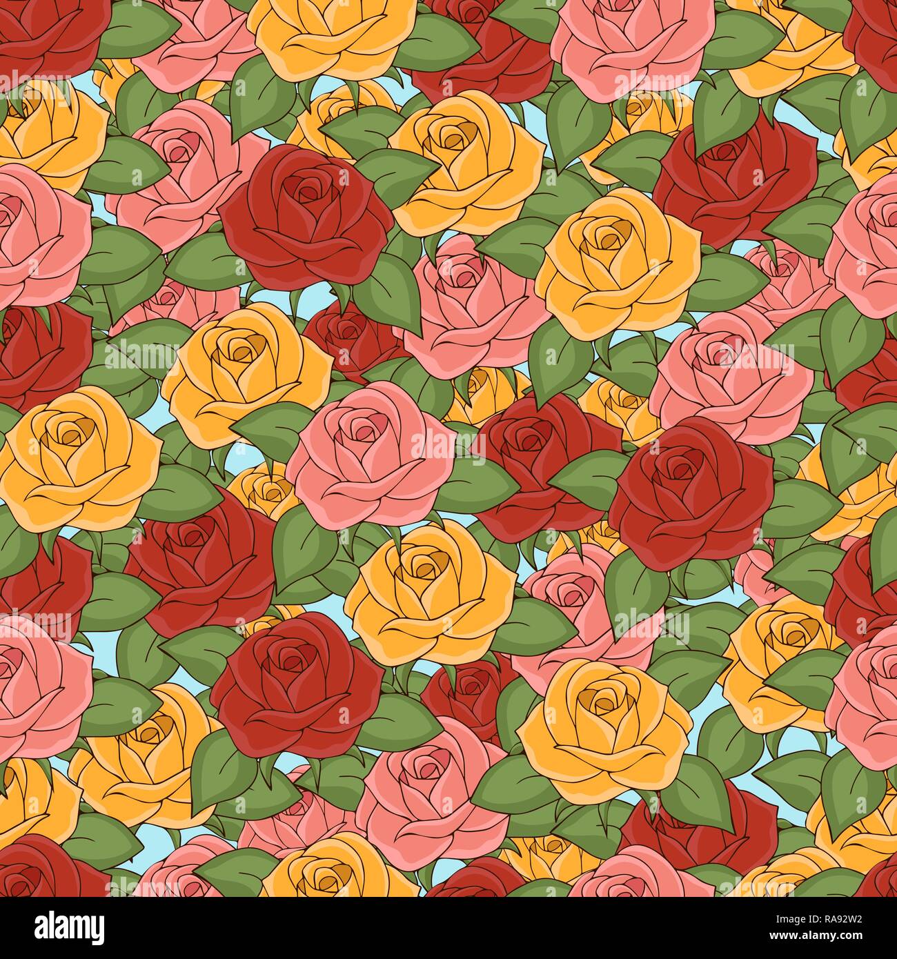 Le rose seamless pattern, del disegno a mano, illustrazione vettoriale. Disegnate boccioli di fiori di rosa, rosso, giallo, petali e foglie verdi su sfondo bianco. Per Illustrazione Vettoriale