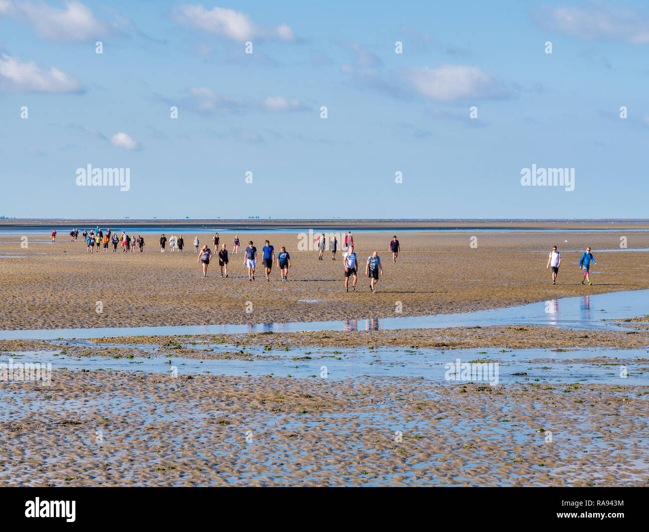 Gruppo di persone piana di fango escursionismo sul mare di Wadden a bassa marea dalla Frisia per West Frisone isola Ameland, Paesi Bassi Foto Stock