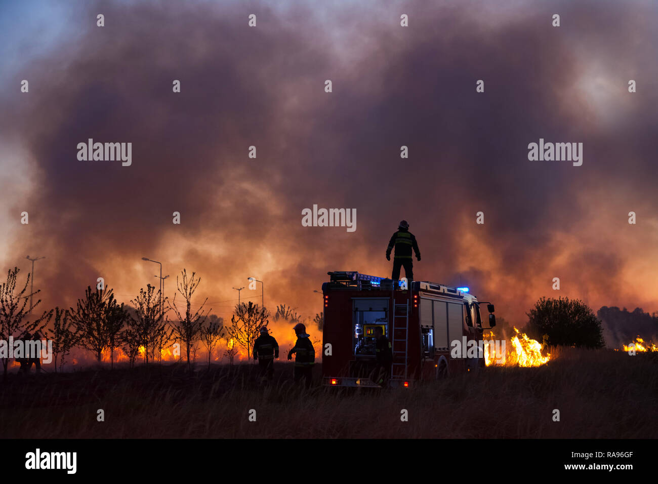 Team di vigili del fuoco di combattere il fuoco di sera. Incendio di camion in fiamme e fumo sfondo. Foto Stock