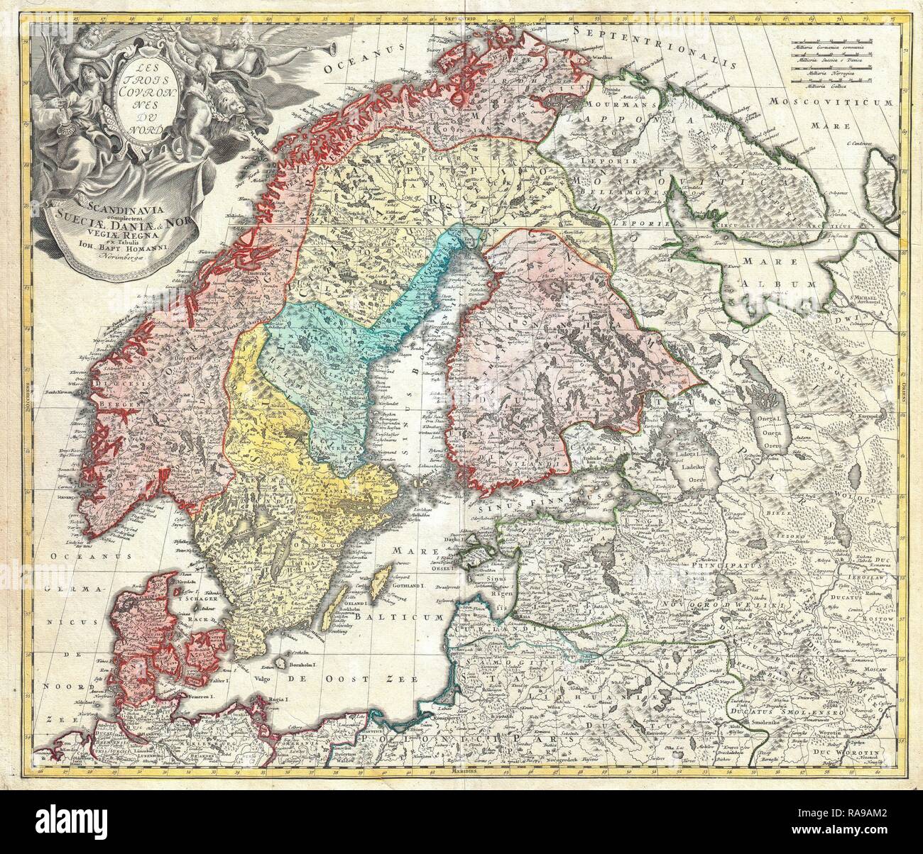 1730, Homann (mappa della Scandinavia, Norvegia, Svezia, Danimarca, Finlandia e Paesi Baltici. Reinventato da Gibon. Arte Classica reinventato Foto Stock