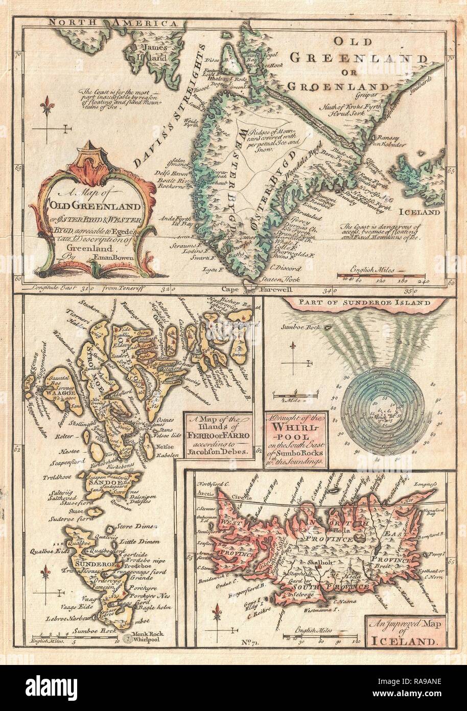 1747, Bowen Mappa del nord Isole atlantiche, Groenlandia, Islanda, Isole Faerøer, vortice. Reinventato Foto Stock