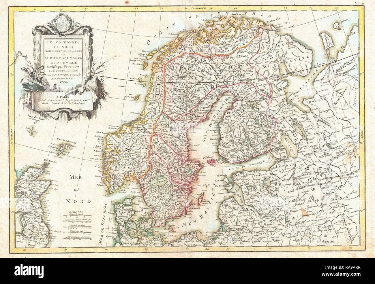 1762, Janvier Mappa della Scandinavia, Norvegia, Svezia, Danimarca e Finlandia. Reinventato da Gibon. Arte Classica con un moderno reinventato Foto Stock