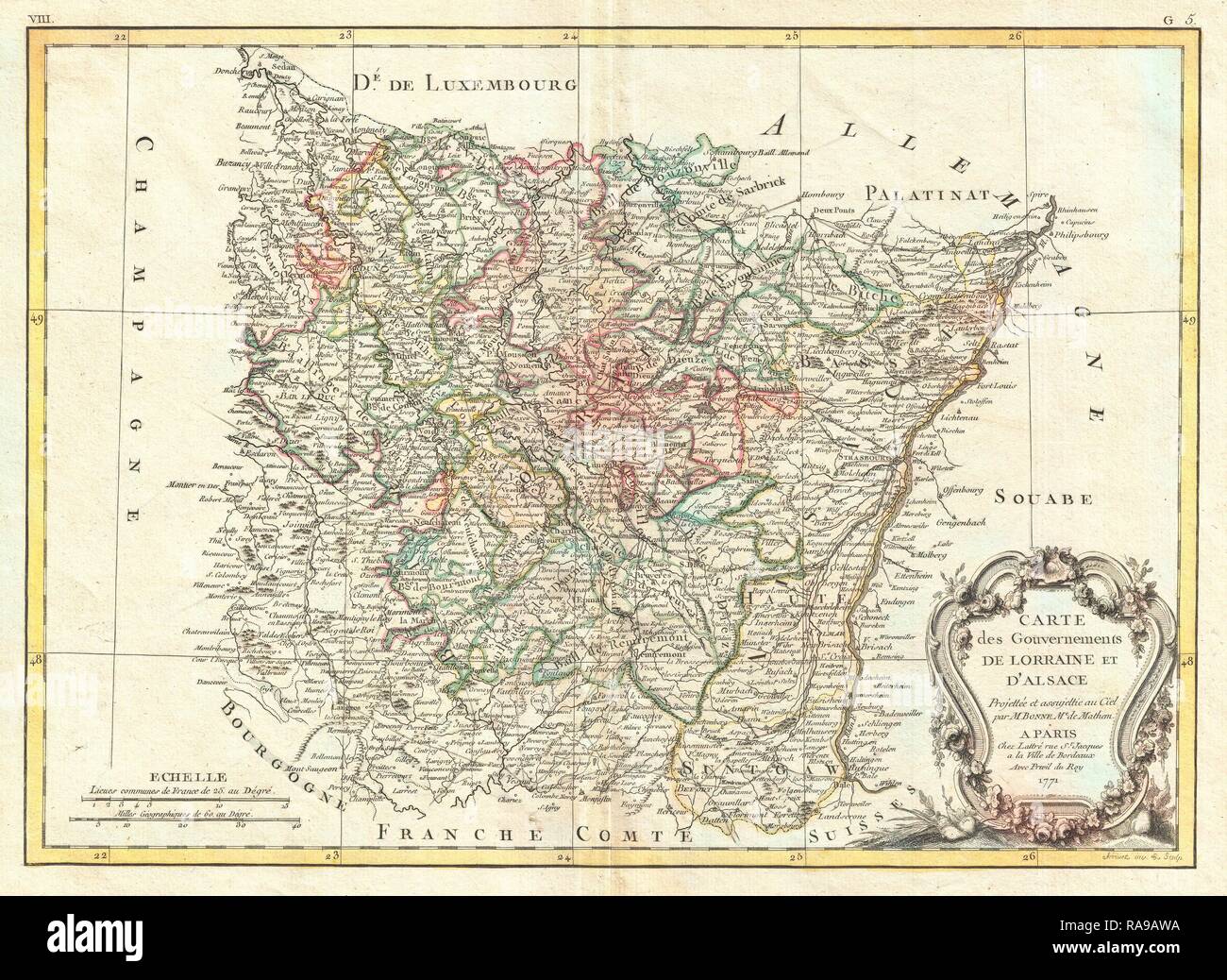 1771, Bonne mappa dell'Alsazia e della Lorena, Francia, Rigobert Bonne 1727 - 1794, uno dei più importanti cartografi reinventato Foto Stock