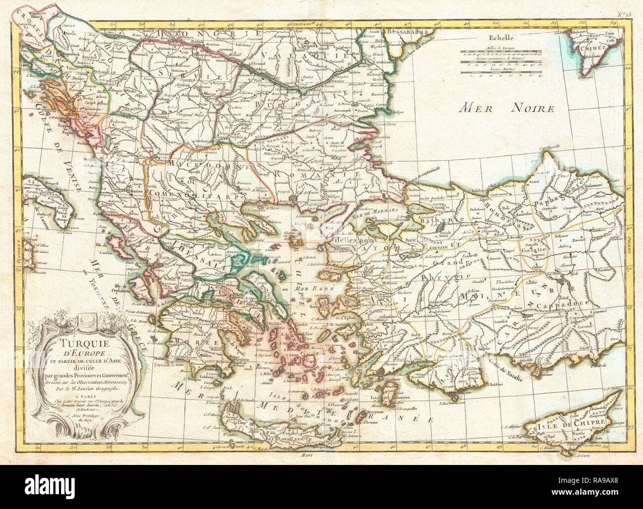1771, Janvier Mappa di Grecia, Turchia, Macedonia andamp, nei Balcani. Reinventato da Gibon. Arte Classica con un moderno reinventato Foto Stock