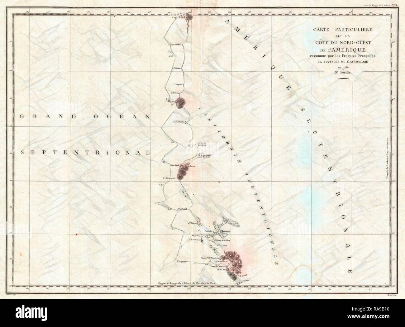 1786, La Perouse Mappa di San Francisco, baia di Monterey in California e Oregon. Reinventato da Gibon. Arte Classica con un reinventato Foto Stock