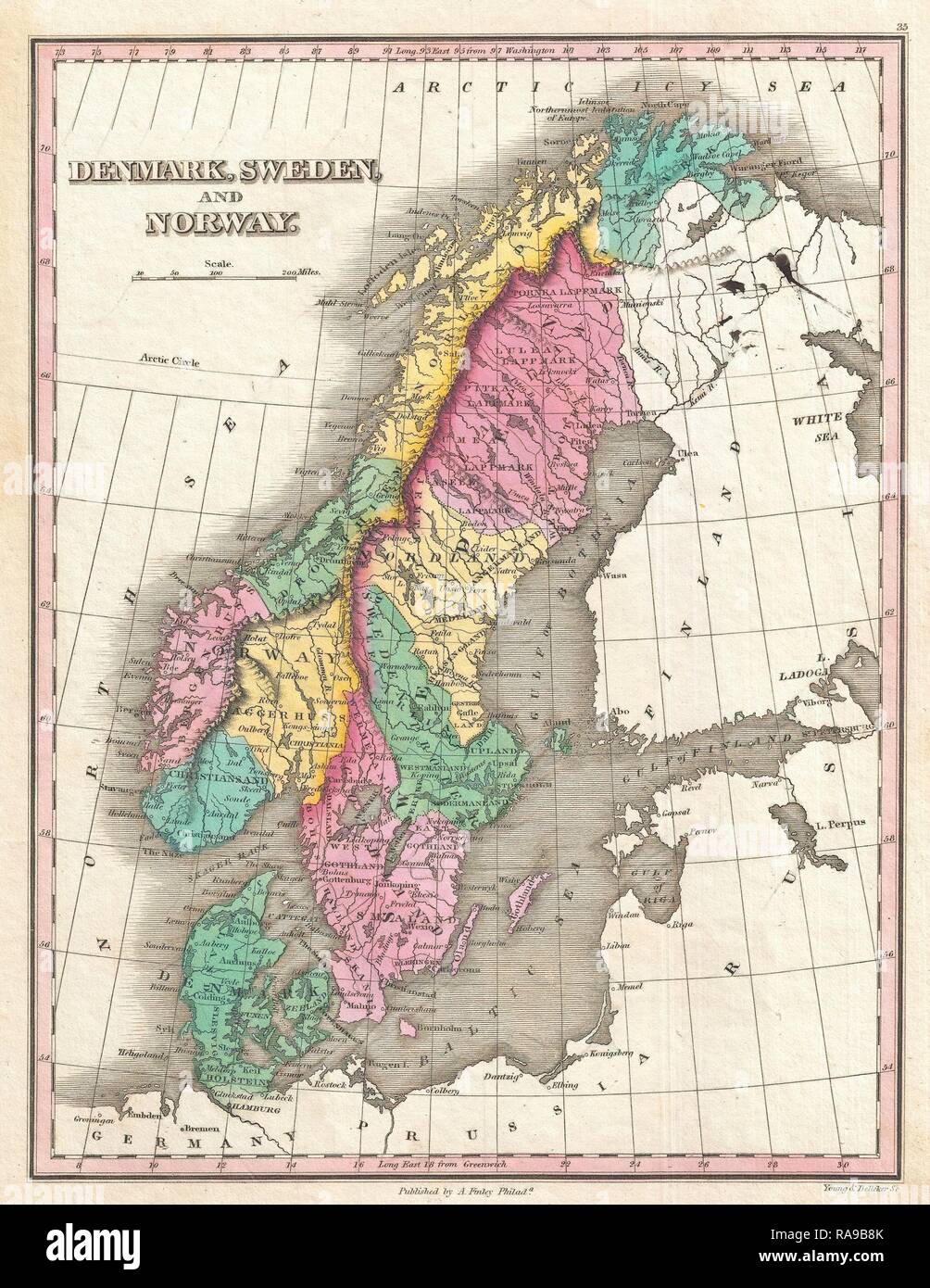 1827, Finley Mappa della Scandinavia, Norvegia, Svezia e Danimarca, Anthony Finley cartografo degli Stati Uniti nel XIX reinventato Foto Stock