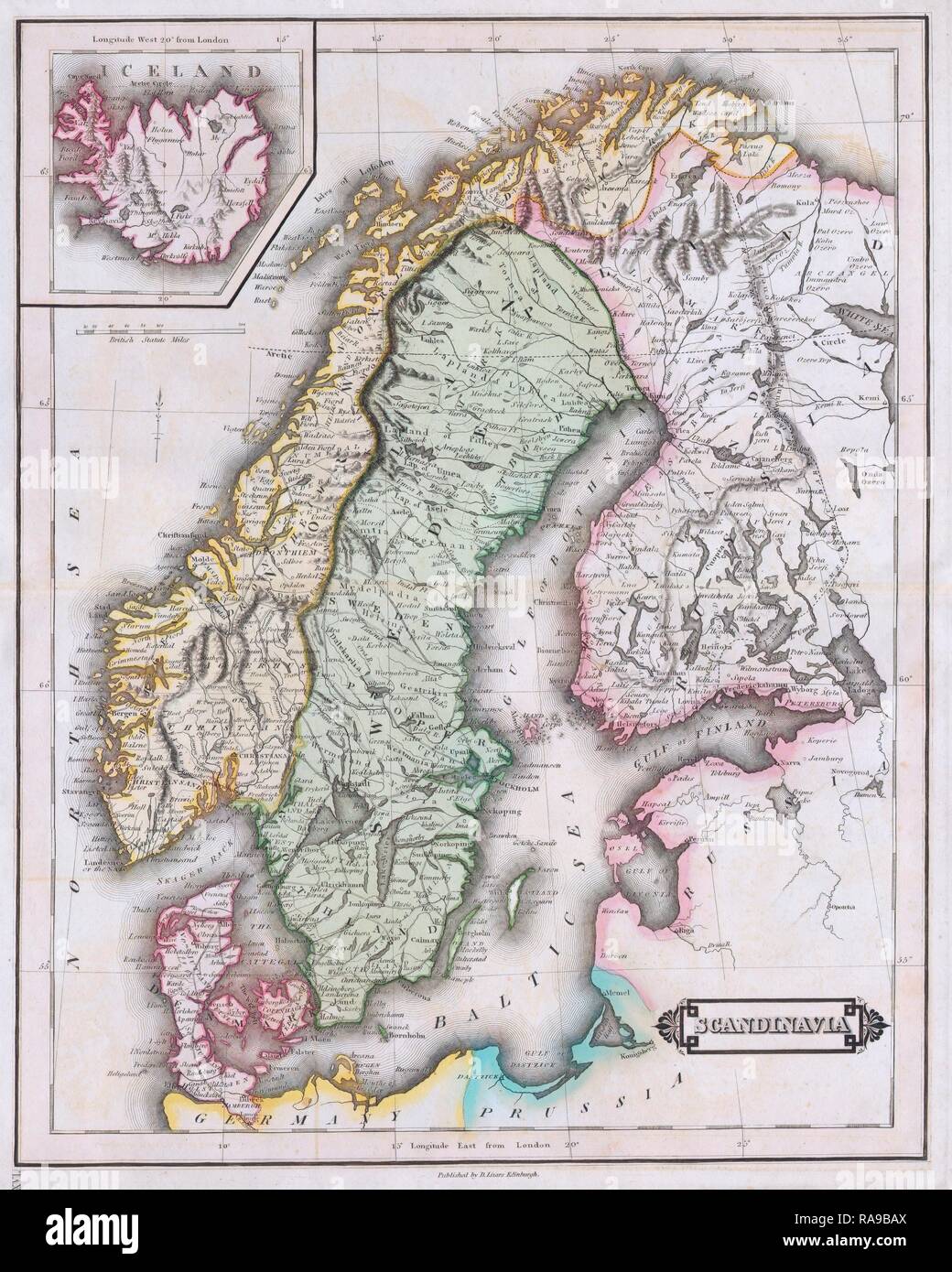 1840, Lizars Mappa della Scandinavia, Norvegia, Svezia, Finlandia, Danimarca, Islanda . Reinventato da Gibon. Arte Classica con un reinventato Foto Stock