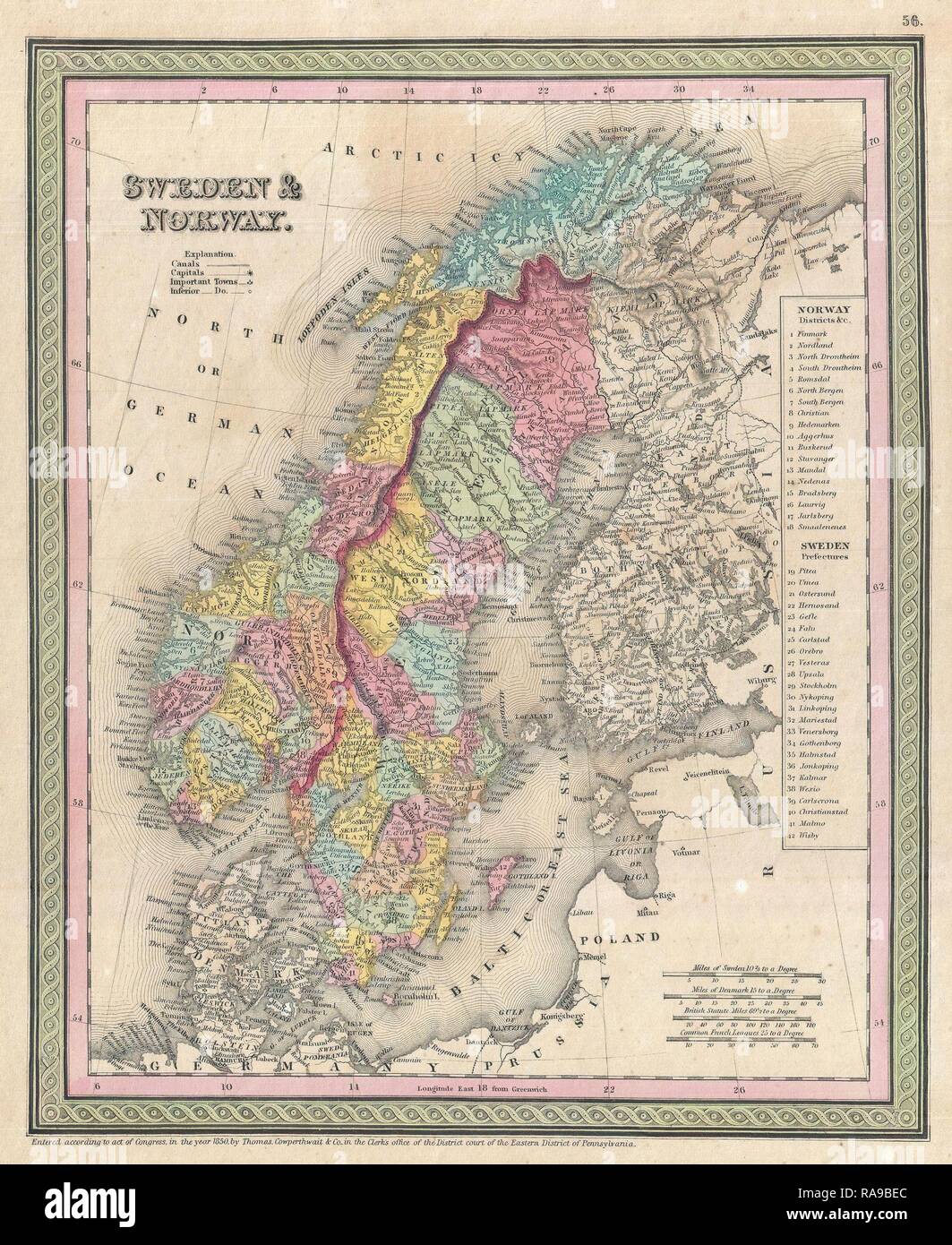 1850, Mitchell Mappa della Scandinavia, Norvegia, Svezia, Danimarca e Finlandia. Reinventato da Gibon. Arte Classica con un moderno reinventato Foto Stock